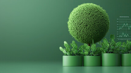 Poster - vibrant green tree surrounded by potted plants on green background symbolizes growth and sustainability. This conveys sense of harmony with nature and environmental awareness