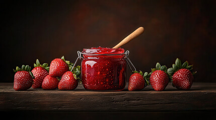 Aufkleber - glass jar filled with glossy strawberry jam sits on wooden table, surrounded by fresh strawberries. rich red color and inviting texture evoke sense of sweetness and freshness