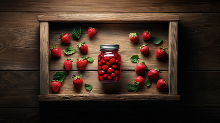 Poster - Fresh strawberries arranged around glass jar filled with berries, set on rustic wooden background. vibrant red color and natural elements create delightful and inviting scene