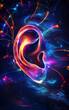 © Maria - Illuminated Auditory Perception: A vibrant, digital art piece showcasing a luminous ear, radiating with a spectrum of colors and ethereal light effects, symbolizing sound.