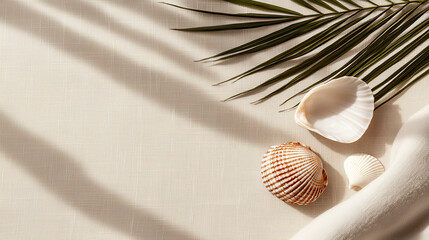 Leinwandbilder - Minimalist composition with seashells and palm leaves on light background. soft textures and natural elements create serene and calming atmosphere