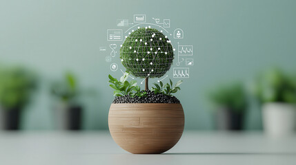 Aufkleber - modern 3D illustration of potted plant symbolizing growth and sustainability, featuring data graphics and eco friendly elements