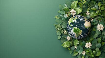 Poster - realistic illustration of Earth surrounded by lush green leaves and flowers, symbolizing nature and environmental beauty. This vibrant composition evokes sense of harmony and tranquility