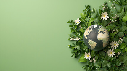 Poster - realistic illustration of Earth surrounded by lush green leaves and flowers, symbolizing nature and environmental awareness. vibrant colors evoke sense of harmony and tranquility