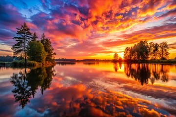 Wall Mural - Serene Sunrise Lake: Golden Hour Reflection Stock Photo