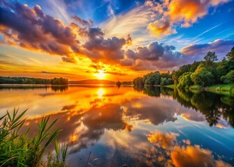 Wall Mural - Serene Sunset Lake: Golden Hour Reflection Photography