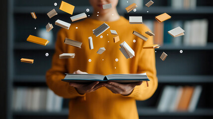 Aufkleber - person holding open book with floating books around, symbolizing knowledge and imagination. warm colors create cozy atmosphere, inviting readers to explore