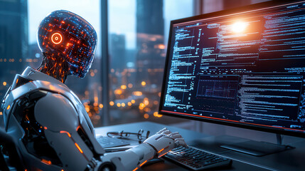 Leinwandbilder - futuristic robot analyzing data on computer screen in cityscape. scene showcases advanced technology and cybersecurity themes, highlighting integration of AI in modern environments