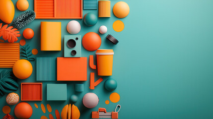 Fototapete - Colorful arrangement of geometric shapes and objects on turquoise background, featuring orange, yellow, and teal elements, creating vibrant and playful atmosphere
