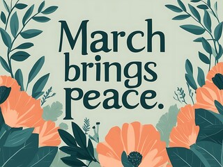 Wall Mural - March Brings Peace Floral Design with Teal Leaves