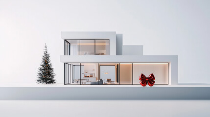 Poster - Modern house with large windows, Christmas tree, and gift bow