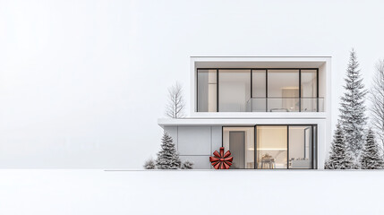 Poster - Modern two story house in winter landscape with snow and trees