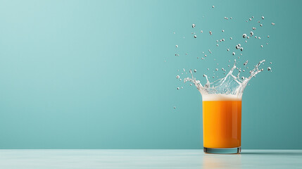 Aufkleber - vibrant glass of orange juice splashes against turquoise background, creating refreshing and lively scene. droplets add dynamic touch to composition