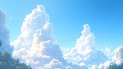 Wall Mural - White cumulus clouds drift across a bright blue sky, birds fly. Sky background or nature scene