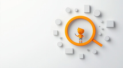 Poster - playful child exploring with magnifying glass surrounded by geometric shapes. scene conveys curiosity and creativity in minimalist design