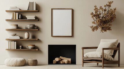 Aufkleber - Minimalist interior design featuring wooden shelves, cozy chair, and fireplace. neutral color palette creates serene atmosphere, perfect for relaxation