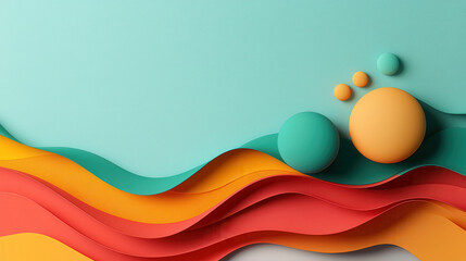Fototapete - Vibrant abstract composition featuring layered waves in teal, orange, and red with circular shapes. This design evokes sense of modernity and creativity