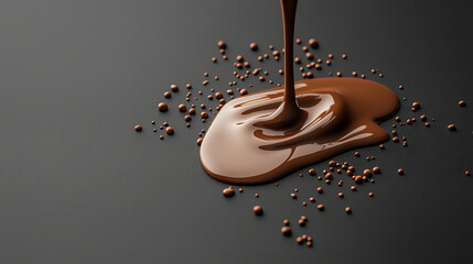 Aufkleber - Molten chocolate in deep reddish brown tone, dripping and pooling on dark surface, creates rich and indulgent visual experience