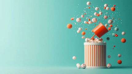 Poster - colorful scene featuring striped container spilling vibrant balls and confetti, creating playful and festive atmosphere