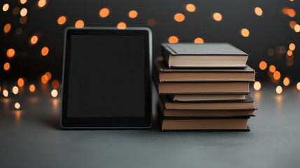 Fototapete - digital tablet beside stacked books with blurred bokeh background creates cozy atmosphere for reading and learning