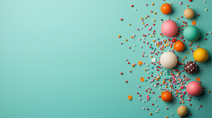 Poster - Colorful candies and sprinkles scattered on turquoise background create playful and festive atmosphere, perfect for celebrations and sweet treats