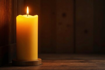 Wall Mural - Gentle light from a large pillar candle in a wooden corner, lighting, pillar, golden