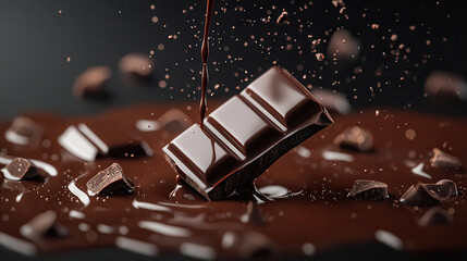 Poster - Rich molten chocolate pouring over chocolate bar, creating glossy and indulgent scene. dark, smooth texture evokes sense of luxury and temptation