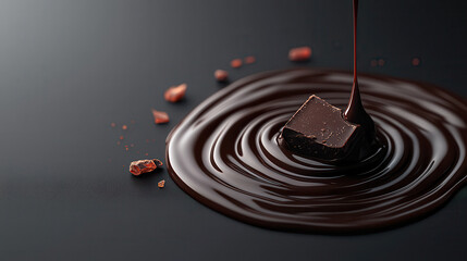 Aufkleber - Rich molten chocolate flowing over dark surface, creating glossy texture. scene captures indulgent essence of chocolate, perfect for dessert lovers