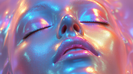 Poster - soft 3D face mask with vibrant colors and glossy finish, illuminated by bright natural lighting, creates serene and ethereal atmosphere