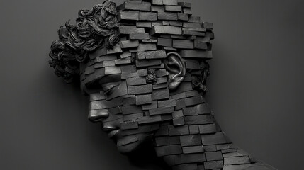 Poster - This artwork features sculptural representation of human head, intricately designed with textured black blocks, creating striking visual effect. piece evokes sense of depth and complexity