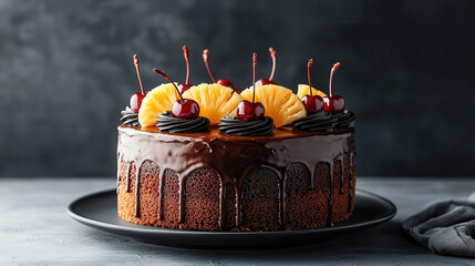 Aufkleber - Decadent chocolate cake topped with pineapple slices and cherries, perfect for celebrations and dessert lovers. Indulge in this delightful treat