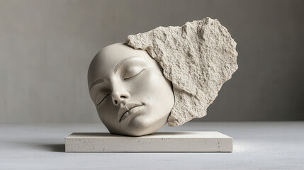 Poster - serene sculpture of woman face, blending smooth features with textured stone element, symbolizing harmony between nature and art