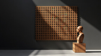 Fototapete - wooden sculpture beside grid patterned wall art, showcasing light and shadow interplay in modern interior