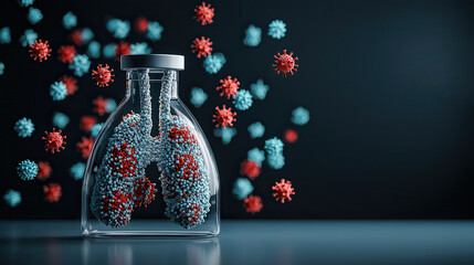 Fototapete - Realistic depiction of lungs in glass flask surrounded by colorful viruses, illustrating interaction between respiratory systems and pathogens