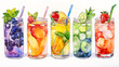 © thongsook - A selection of colorful mocktail jars with fresh fruits, styled in watercolor