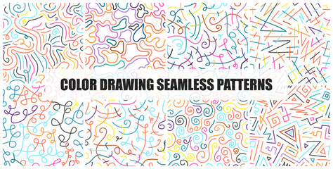 Poster - Collection of bright colorful drawing seamless patterns. Vector trendy vibrant unusual backgrounds. Textile endless prints