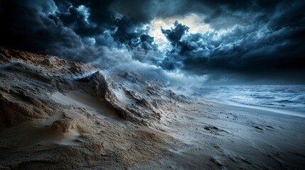 Poster - Powerful sandstorm engulfs vast desert landscape dramatic atmosphere nature photography high contrast wide angle