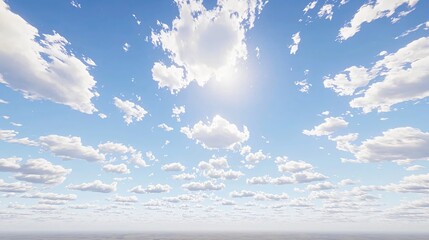 Wall Mural - A wide view of a bright sky with clouds over a horizon, possibly for a background