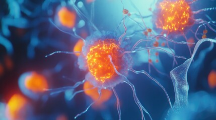 Poster - 3D render of human cells with glowing orange nuclei, highlighting the cellular structure in a stunning blue backdrop.