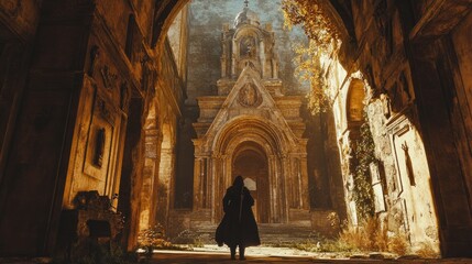 Poster - A brave explorer entering an ancient monastery, gazing at the relics and enigmatic carvings that line its grand entrance.