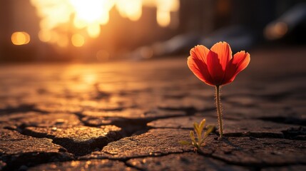 Poster - A bright red flower in full bloom stands out from cracked pavement, bathed in golden hour sunlight, reflecting life in the city.