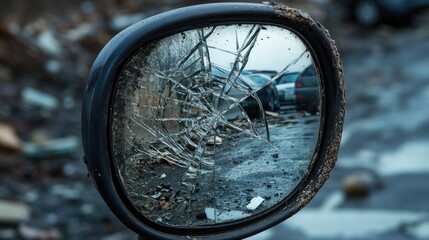 Poster - A broken side mirror with street reflection, surrounded by debris and shattered glass, depicting the aftermath of a car collision.