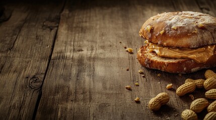 Aufkleber - A charming, rustic display of a peanut butter sandwich and peanuts on a wooden surface, perfect for a clean design with space for copy.