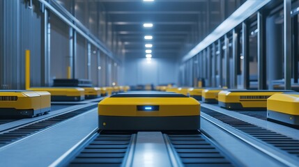 Poster - Automated guided vehicles (AGVs) transporting materials in a factory.