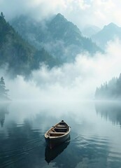 Wall Mural - A misty mountain lake with a small wooden boat gliding across the surface, reflection, lake, boat