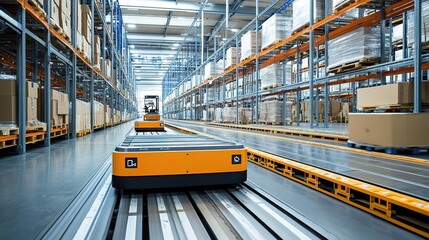 Poster - Automated guided vehicles (AGVs) transporting materials in a factory.