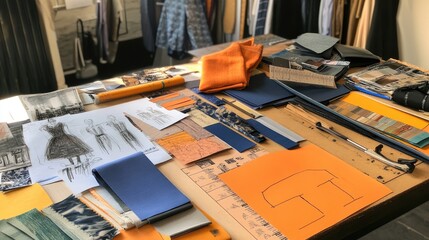 Poster - A clean and vibrant designer workspace with fashion sketches, fabric swatches, and measuring tools arranged neatly on the table, ready for the next creation.