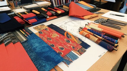 Poster - A clean and vibrant designer workspace with fashion sketches, fabric swatches, and measuring tools arranged neatly on the table, ready for the next creation.