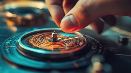 Poster - A close-up of a hand positioning a compass near a coil with visible current, showcasing a hands-on experiment with magnetic fields.
