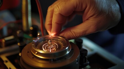 Poster - A close-up of a hand positioning a compass near a coil with visible current, showcasing a hands-on experiment with magnetic fields.